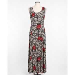 Expressions Women's Dress Size 14 Black White Red Rose Floral Sleeveless Maxi